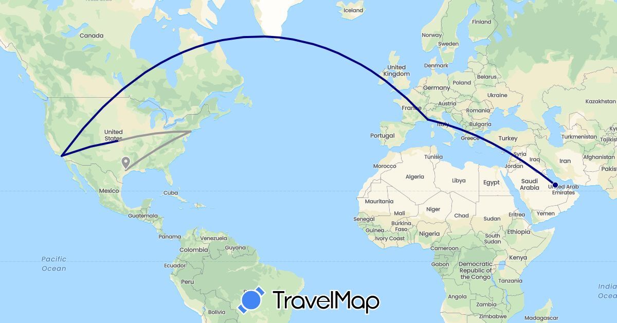 TravelMap itinerary: driving, plane in Monaco, Qatar, United States (Asia, Europe, North America)